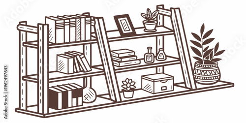 A well-organized bookshelf with various books and decorative items
