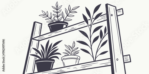 A wooden shelf with various potted plants and a small wall socket