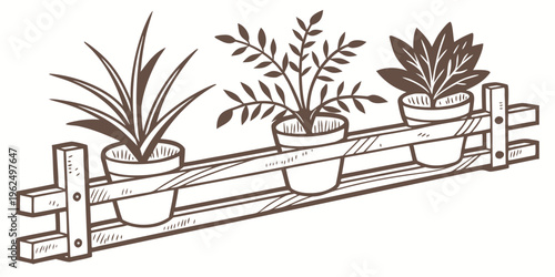 A wooden shelf with three potted plants placed on it, each with different types of foliage.