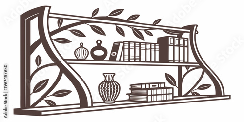 A beautifully designed wooden shelf with various decorative items and books.