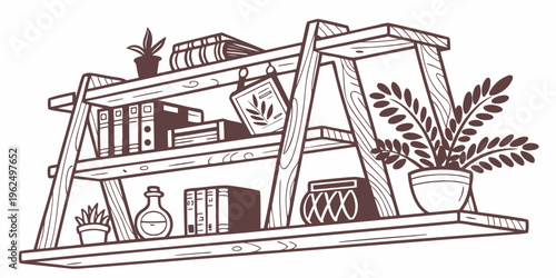 A well-organized wooden bookshelf with various books and a potted plant