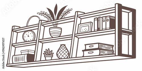 A well-organized wooden bookshelf with plants and decorative items.