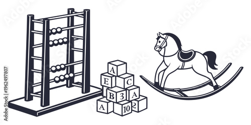 A collection of toys including a wooden rocker, abacus, and building blocks