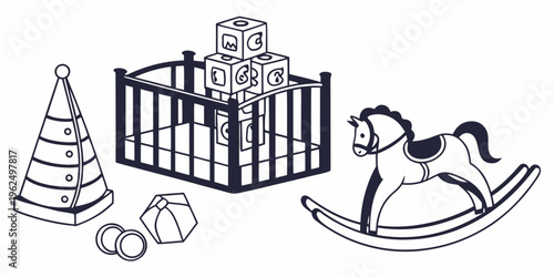 A collection of children's toys including a rocking horse, blocks, and a pyramid