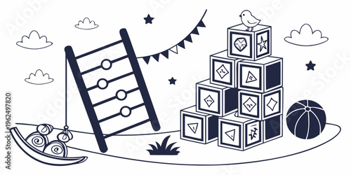 A playful scene featuring a ladder, blocks, and a basketball hoop.