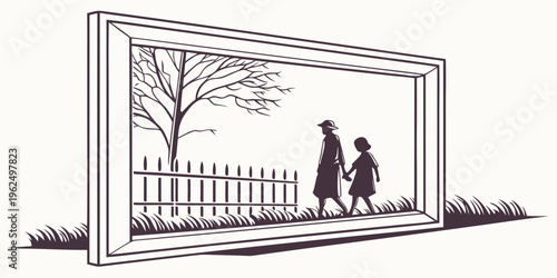 Two children walking hand in hand in front of a picket fence with a tree behind them