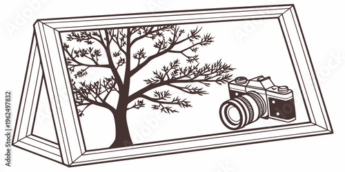 A serene countryside scene with a tree, a tractor, and a barn in the distance