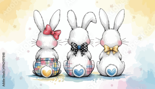 Three adorable bunnies wearing colorful bows and plaid pants
