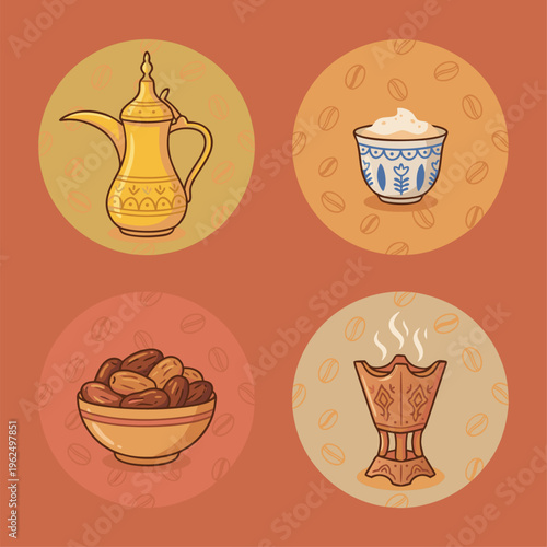 Traditional Arabic Coffee Set with Dates and Incense Burner.