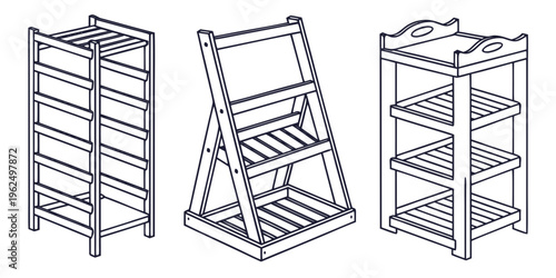 Three distinct styles of wooden bookcases displayed in a row.