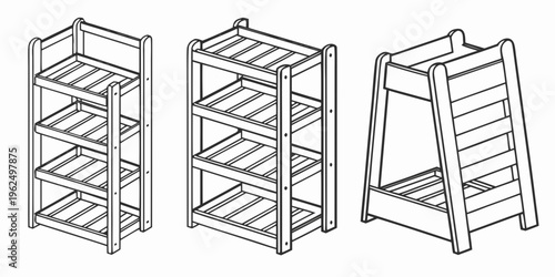 Three different types of wooden shelves with varying designs and structures