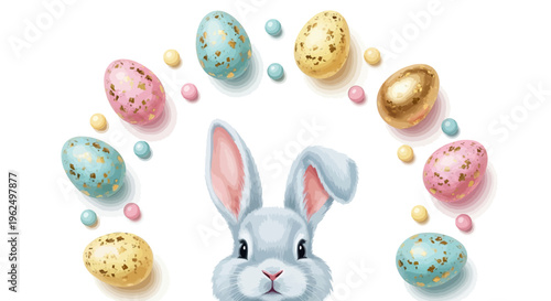 A cute Easter bunny surrounded by colorful eggs and candies