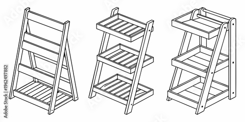 Three different types of wooden bookcases with multiple shelves