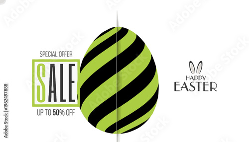 A vibrant Easter sale advertisement with a large green and black egg