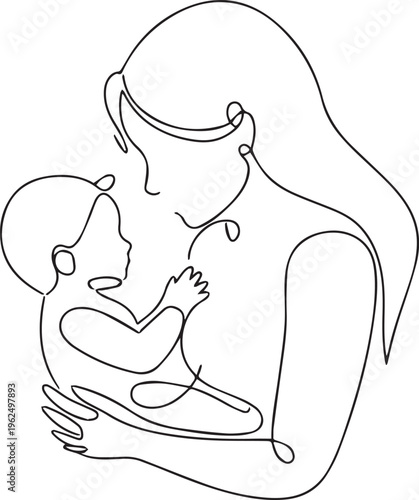Continuous line art drawing of a mother holding her baby, showcasing a tender moment of bonding and maternal love