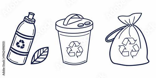 Illustration of various recyclable items including a plastic bottle, a bucket, and a bag.