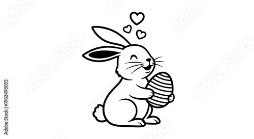 A cute cartoon bunny holding an Easter egg with hearts above