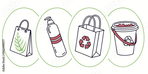 Illustrations of various types of reusable bags and containers for shopping.