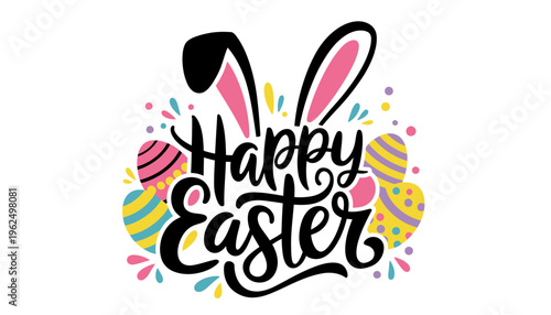 A colorful Easter graphic with bunny ears and decorated eggs