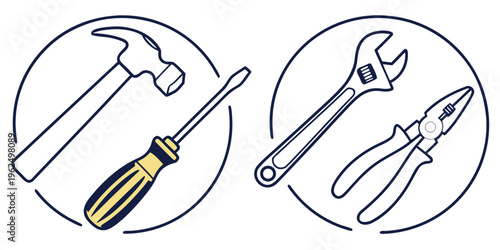 A variety of tools including a hammer, screwdriver, wrench, and pliers.