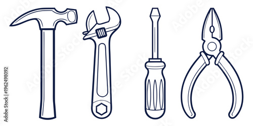 A variety of tools including a hammer, wrench, screwdriver, and pliers