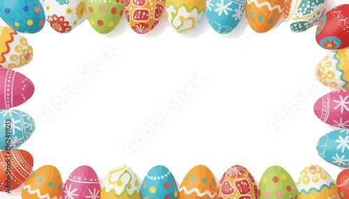 A colorful Easter egg border on a white background with space for text