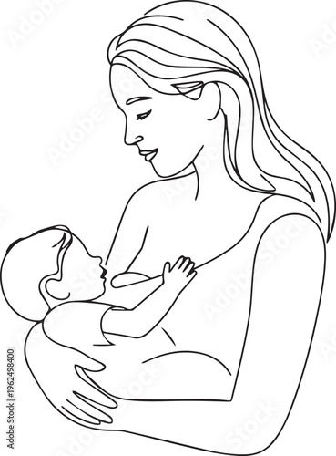Line art drawing of a serene mother breastfeeding her baby, depicting the natural bond and nourishment