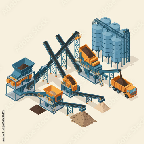 Isometric View of a Modern Industrial Aggregate Processing Plant.