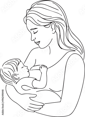 Line art drawing of a serene mother breastfeeding her sleeping baby, illustrating natural bond and peaceful nourishment