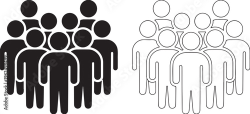 people crowd group icons solid and outline vector set