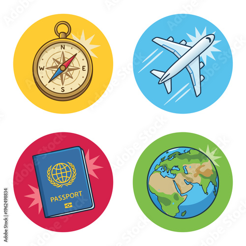 Travel Icons Set Compass Airplane Passport Globe.