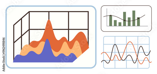 Business growth, analytics, performance tracking, financial reporting, trends, research. An area chart, bar graph and line chart displayed. Analytics and business growth concept