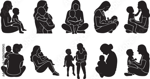 Black silhouette of various human activities and poses in a minimalist style black silhouettes human figures