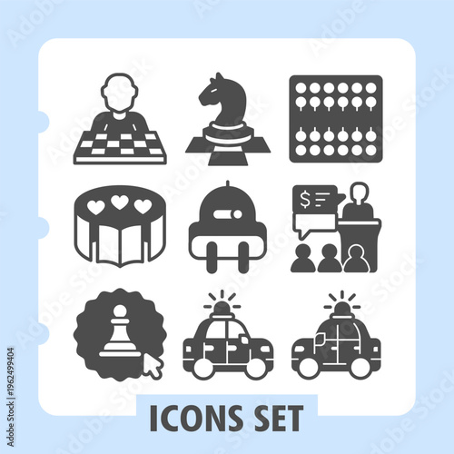Chess player, reading, pawn sticker modern icons set depicting chess game, electricity, court, police items in solid style for apps and print on white background. Set of nine glyph icons.