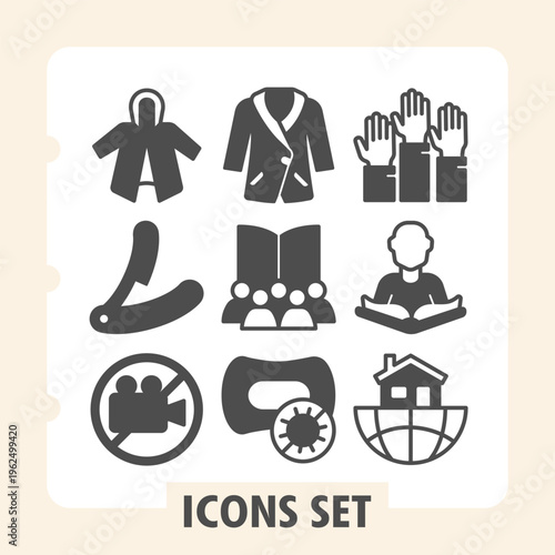 Raincoat, sharp knife, video camera ban modern icons set representing daily routines, work and home life items in solid style for apps and print on white background. Set of nine glyph icons.