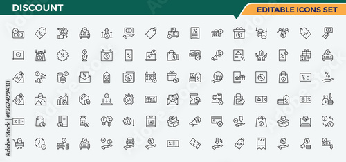 Discount linear icon set. Off icon set. Outline icons collection. Includes thin line symbols payment, business, off, discount coupon, commerce, coupon and more. Vector collections.