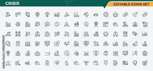 Crisis linear icon set. Fail icon set. Modern linear icons. It contains symbols to business, risk, financial, bankrupt, fall, bankruptcy, loss and more. Editable vector. Pixel perfect.