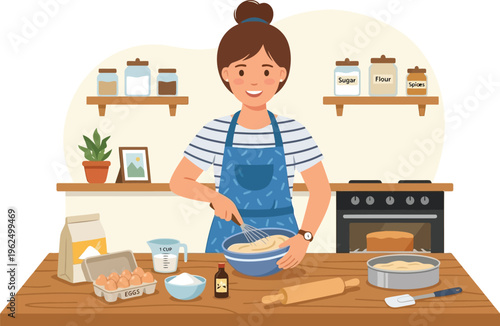 Woman wearing an apron mixes batter in a bowl while preparing food for.