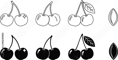 Black and white of cherries with stems and leaves cherry fruit