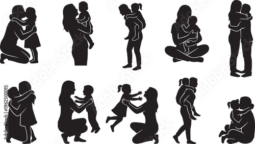 Black silhouettes of people performing various dance moves and activities movement