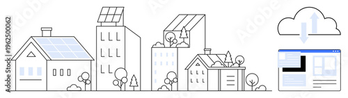 Renewable energy, smart homes, eco-friendly architecture, urban sustainability, data integration, home management. Solar panels on homes and cloud data. Renewable energy and smart homes concepts