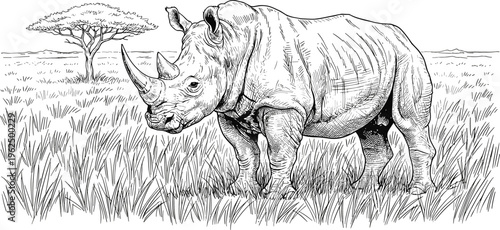 Rhinoceros silhouette vector illustration standing in savanna grass with acacia tree background, wildlife nature animal design artwork collection detailed