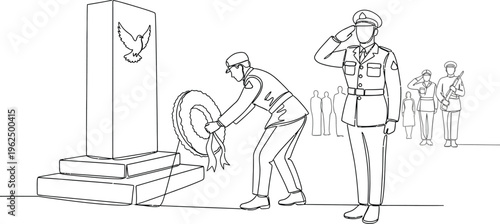 soldiers saluting and laying wreath on memorial