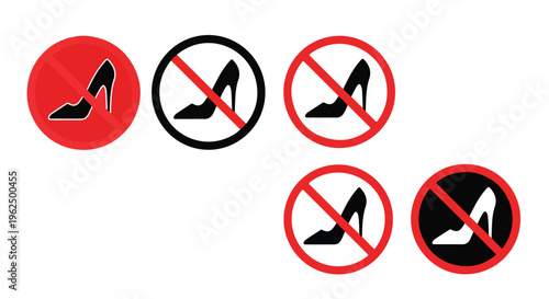 Graphic illustration of four prohibition signs featuring high-heeled shoes in red and black on a white background.