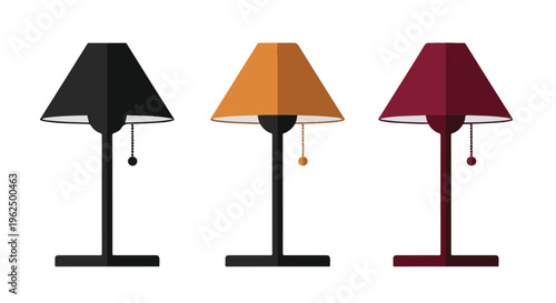 Three desktop lamps in black, brown, and red with conical shades on a white background in a flat lay composition.