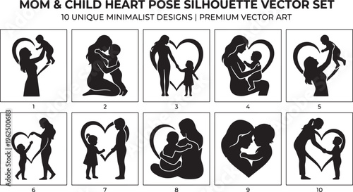 Minimalist black silhouette set of mother and child heart pose heartwarming bonding moments minimalist black and white