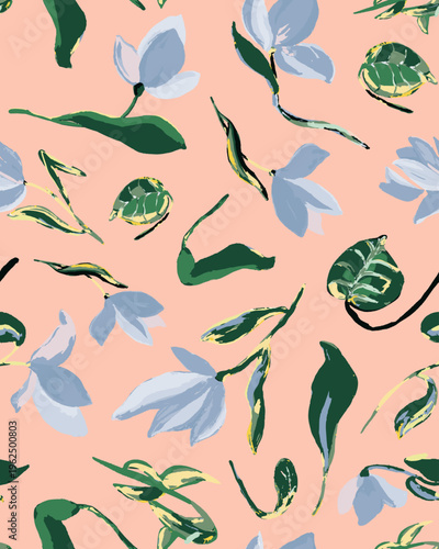 Hand drawn, sky blue watercoloree flowers with green leaves as seamless repeat pattern. Random placed, vector botanical aop, all over surface print on beige background.