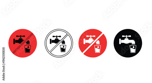 Four icons depicting no drinking water signs in red, black, and white on a clean background.