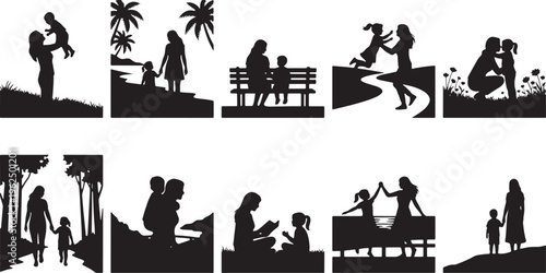 Silhouettes of diverse people in various daily activities and social settings against a dark background