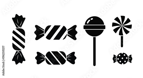 Flat lay of various black candy icons on a white background including wrapped sweets and lollipops.